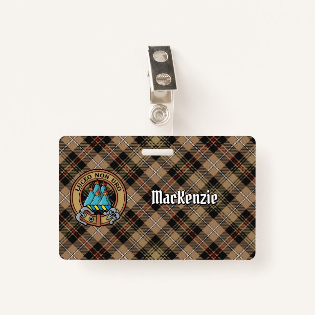 Clan MacKenzie Crest over Brown Hunting Tartan Badge (Front with Clip)