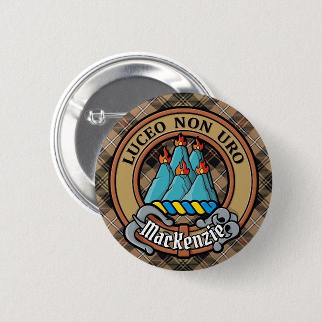 Clan MacKenzie Crest over Brown Hunting Tartan Button (Front & Back)