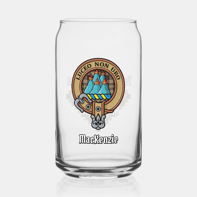 Clan MacKenzie Crest over Brown Hunting Tartan Can Glass (Front)