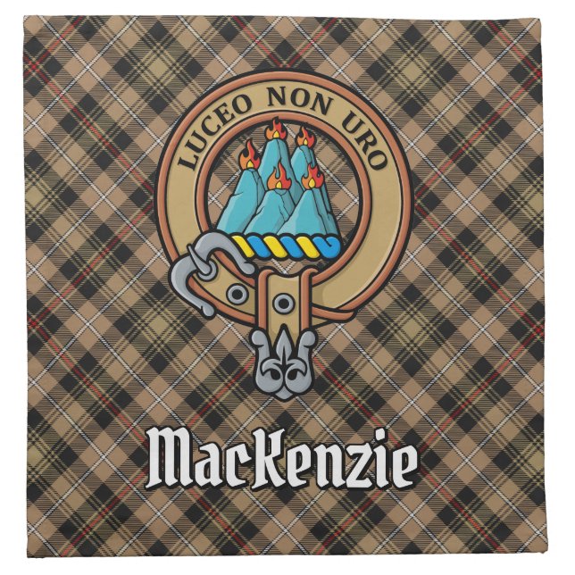Clan MacKenzie Crest over Brown Hunting Tartan Cloth Napkin (Front)