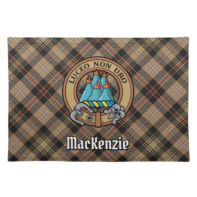 Clan MacKenzie Crest over Brown Hunting Tartan Cloth Placemat (Front)