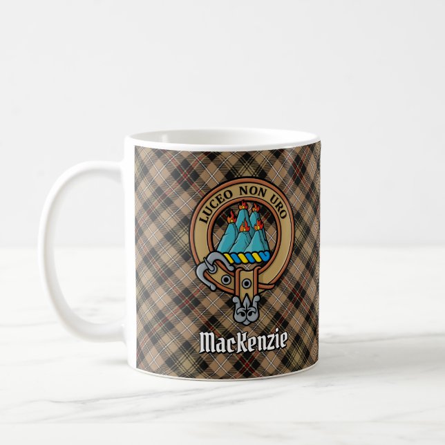 Clan MacKenzie Crest over Brown Hunting Tartan Coffee Mug (Left)