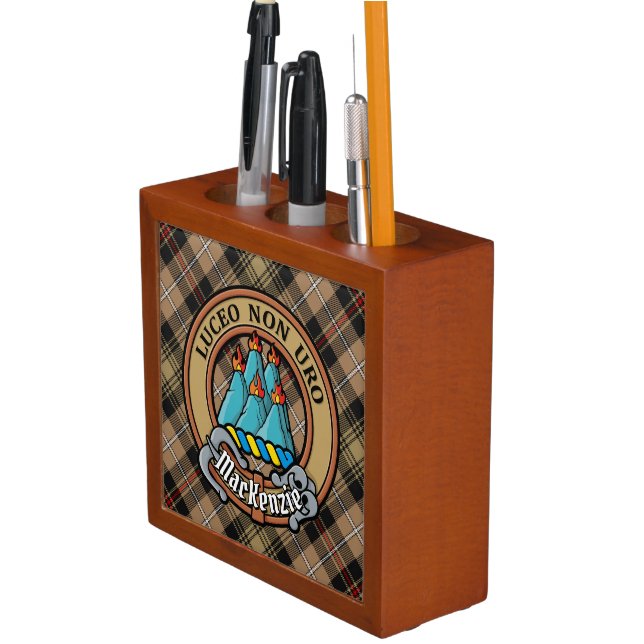 Clan MacKenzie Crest over Brown Hunting Tartan Desk Organizer (In Situ)