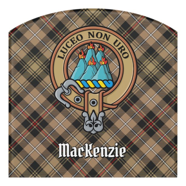 Clan MacKenzie Crest over Brown Hunting Tartan Door Sign (Contour Front)