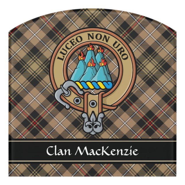 Clan MacKenzie Crest over Brown Hunting Tartan Door Sign (Contour Front)