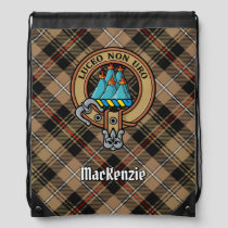 Clan MacKenzie Crest over Brown Hunting Tartan Drawstring Bag