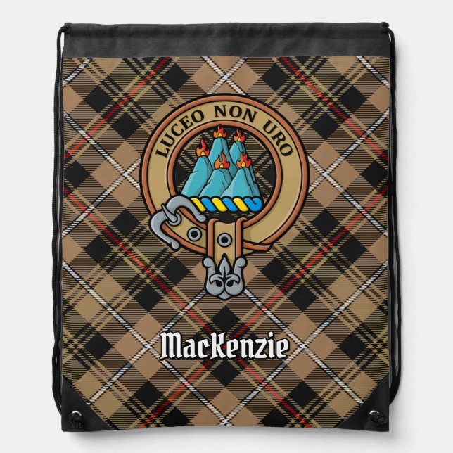 Clan MacKenzie Crest over Brown Hunting Tartan Drawstring Bag (Front)