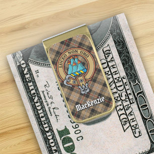 Clan MacKenzie Crest over Brown Hunting Tartan Gold Finish Money Clip