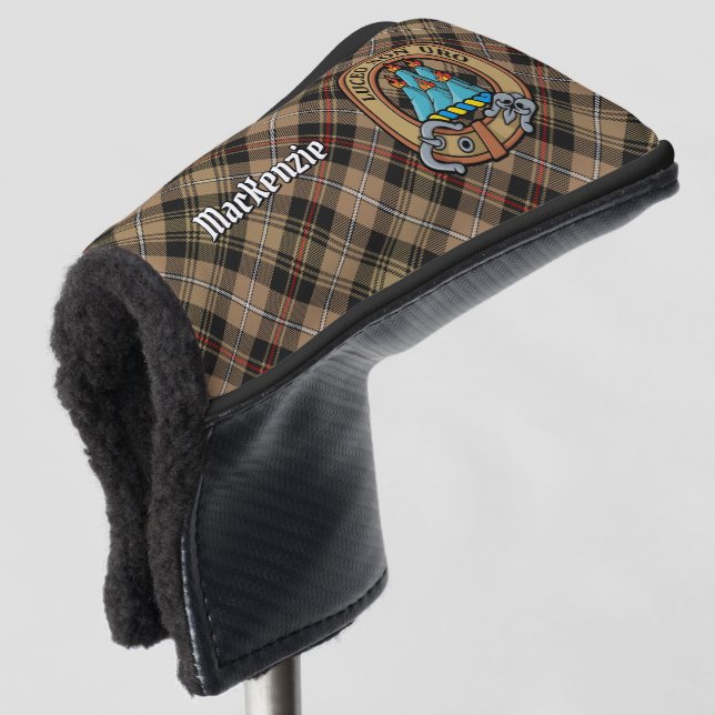 Clan MacKenzie Crest over Brown Hunting Tartan Golf Head Cover (3/4 Front)