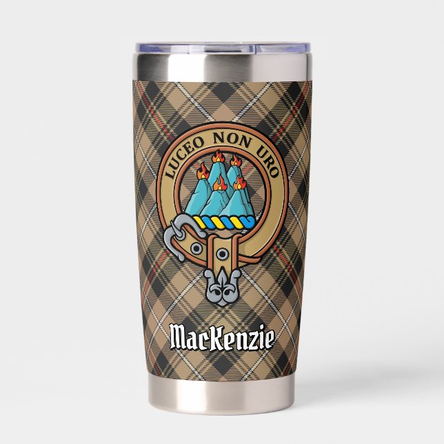 Clan MacKenzie Crest over Brown Hunting Tartan Insulated Tumbler (Front)