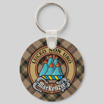 Clan MacKenzie Crest over Brown Hunting Tartan Keychain