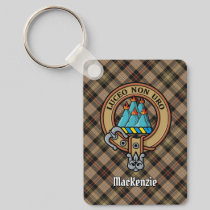 Clan MacKenzie Crest over Brown Hunting Tartan Keychain