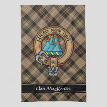 Clan MacKenzie Crest over Brown Hunting Tartan Kitchen Towel