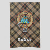 Clan MacKenzie Crest over Brown Hunting Tartan Kitchen Towel