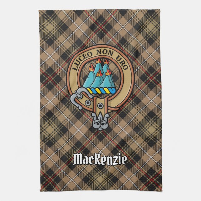 Clan MacKenzie Crest over Brown Hunting Tartan Kitchen Towel (Vertical)