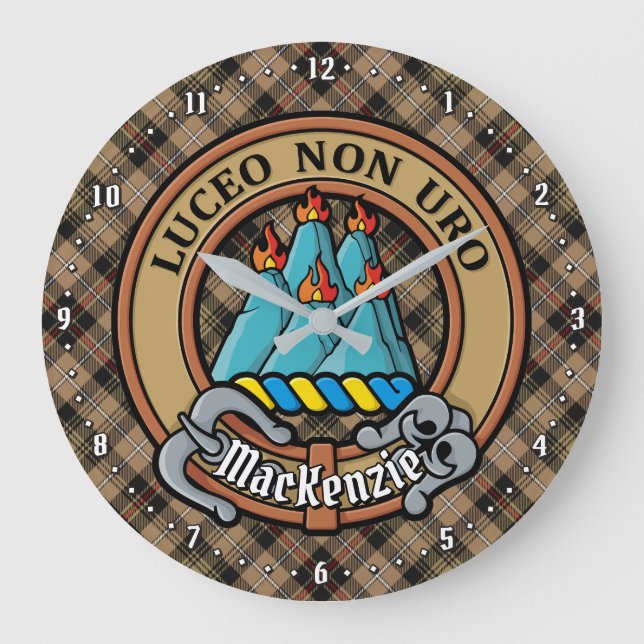 Clan MacKenzie Crest over Brown Hunting Tartan Large Clock (Front)