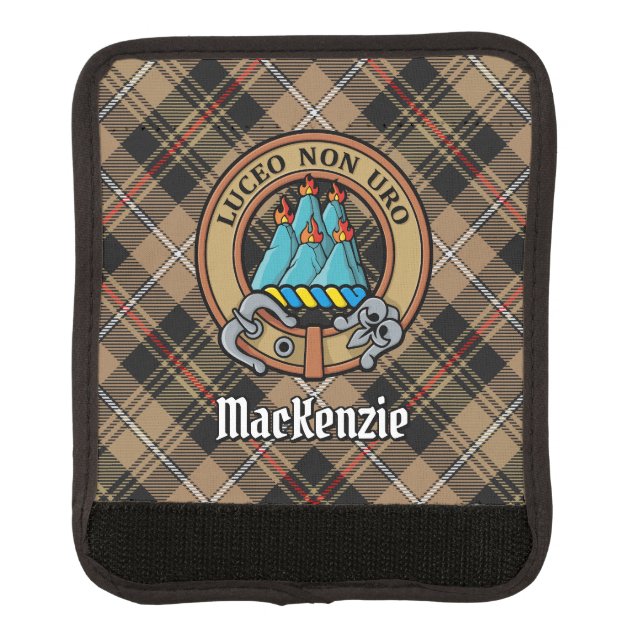 Clan MacKenzie Crest over Brown Hunting Tartan Luggage Handle Wrap (Front)
