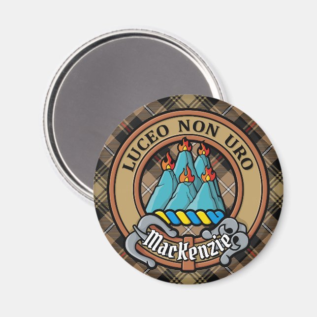 Clan MacKenzie Crest over Brown Hunting Tartan Magnet (Front/Back)