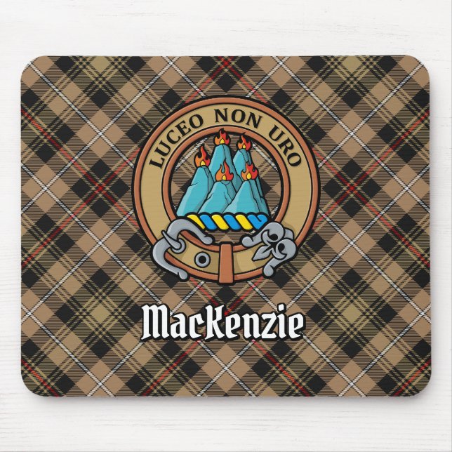 Clan MacKenzie Crest over Brown Hunting Tartan Mouse Pad (Front)