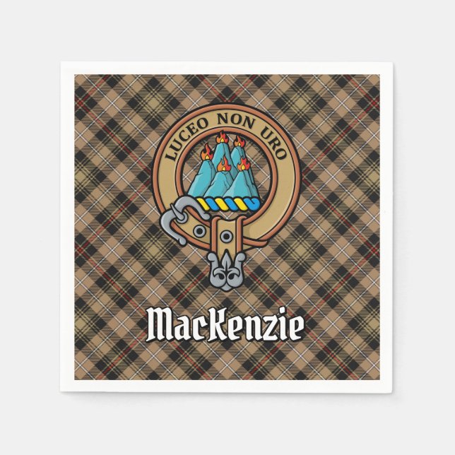 Clan MacKenzie Crest over Brown Hunting Tartan Napkins (Front)