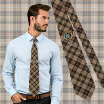 Clan MacKenzie Crest over Brown Hunting Tartan Neck Tie