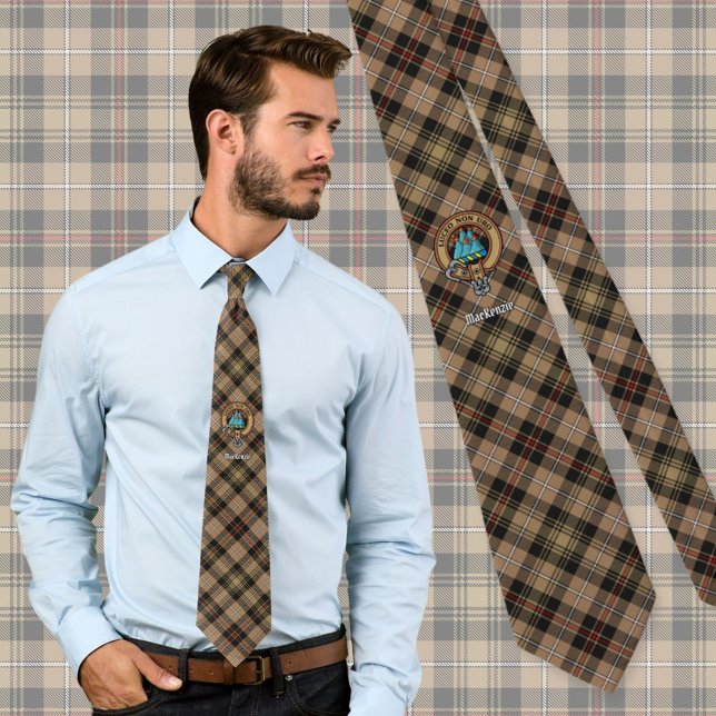Clan MacKenzie Crest over Brown Hunting Tartan Neck Tie (Creator Uploaded)