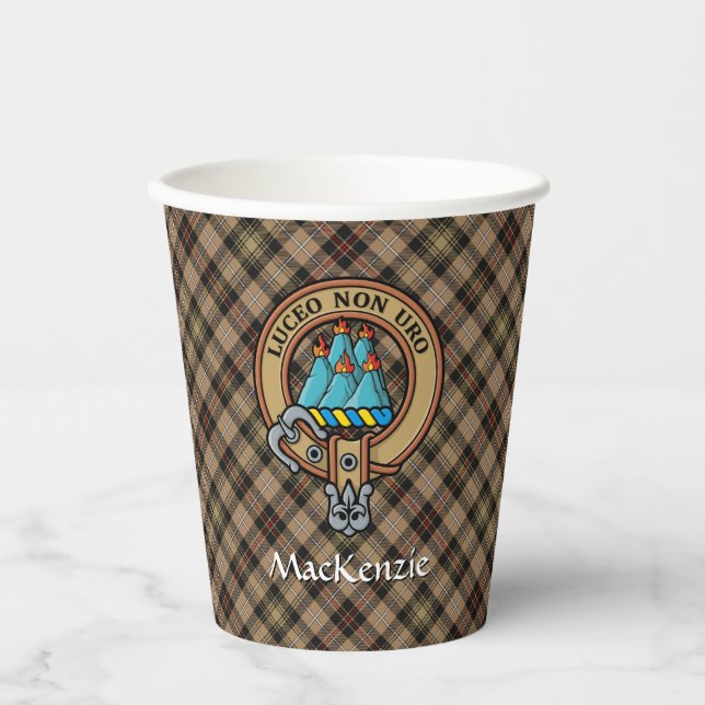 Clan MacKenzie Crest over Brown Hunting Tartan Paper Cups (Front)