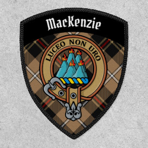 Clan MacKenzie Crest over Brown Hunting Tartan Patch
