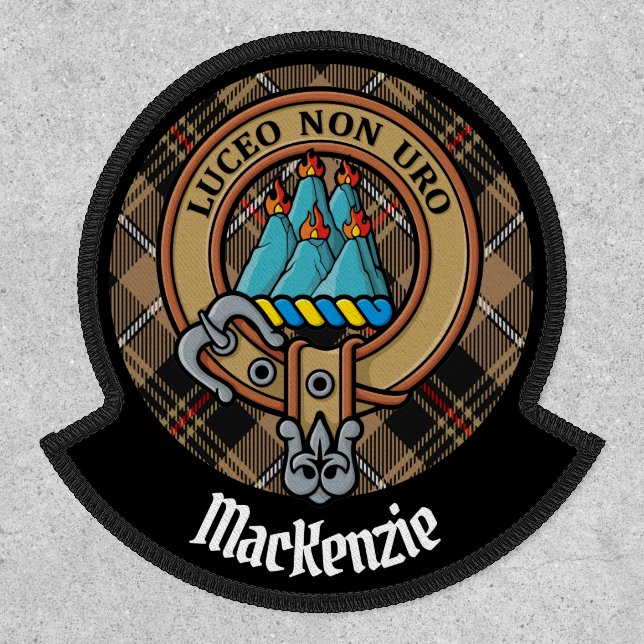 Clan MacKenzie Crest over Brown Hunting Tartan Patch (Front)