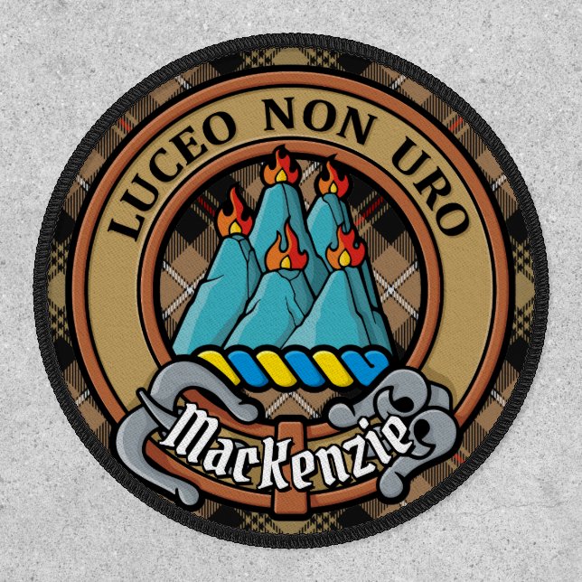 Clan MacKenzie Crest over Brown Hunting Tartan Patch (Front)