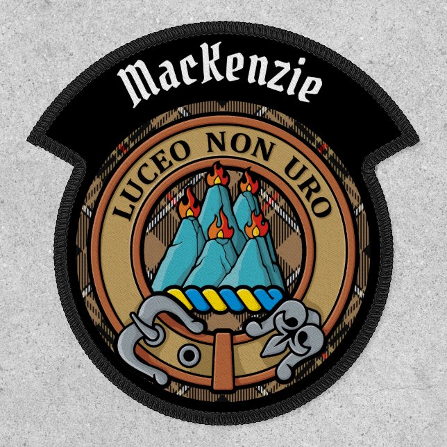Clan MacKenzie Crest over Brown Hunting Tartan Patch (Front)