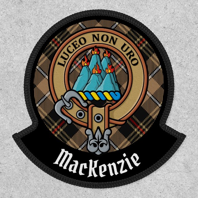Clan MacKenzie Crest over Brown Hunting Tartan Patch (Front)