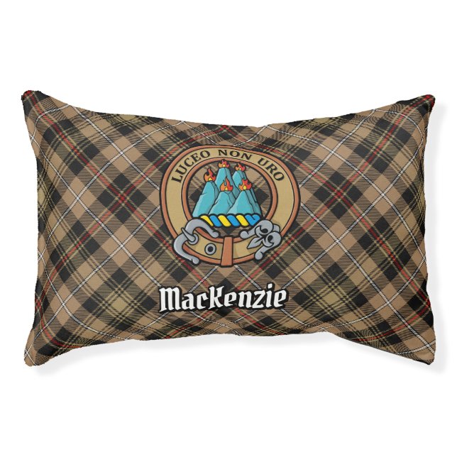 Clan MacKenzie Crest over Brown Hunting Tartan Pet Bed (Front)
