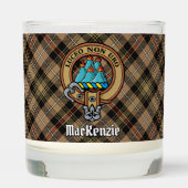 Clan MacKenzie Crest over Brown Hunting Tartan Scented Candle (Front)
