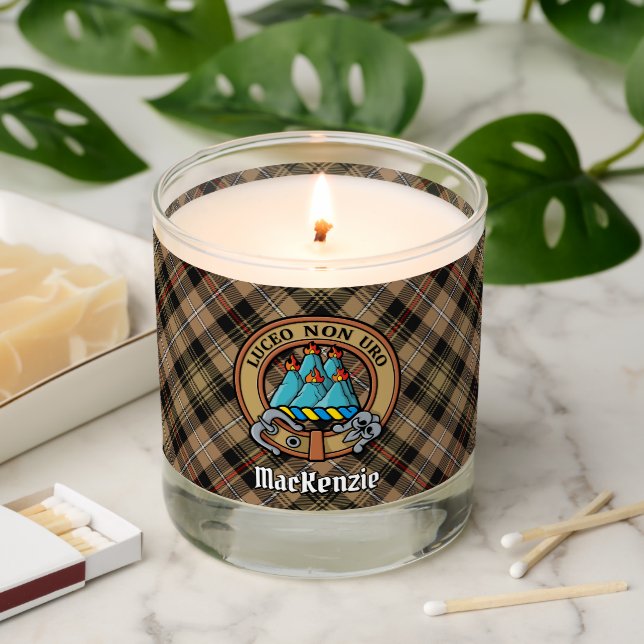 Clan MacKenzie Crest over Brown Hunting Tartan Scented Candle (Lit)