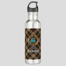 Clan MacKenzie Crest over Brown Hunting Tartan Stainless Steel Water Bottle