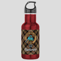 Clan MacKenzie Crest over Brown Hunting Tartan Stainless Steel Water Bottle