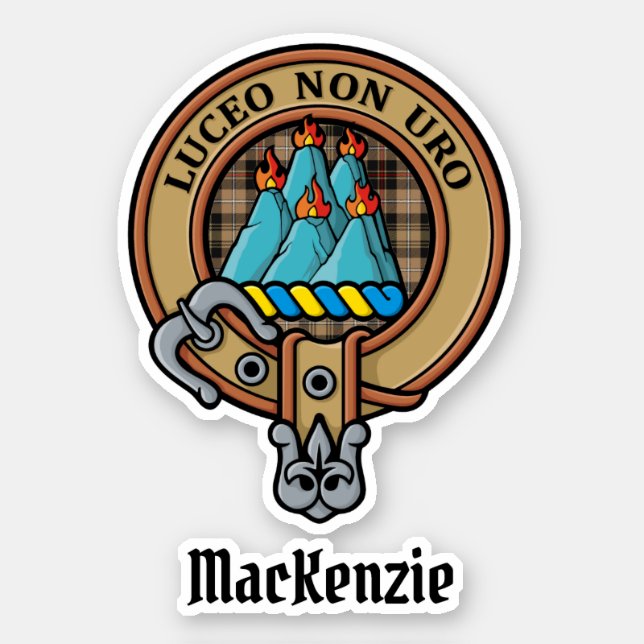 Clan MacKenzie Crest over Brown Hunting Tartan Sticker (Front)