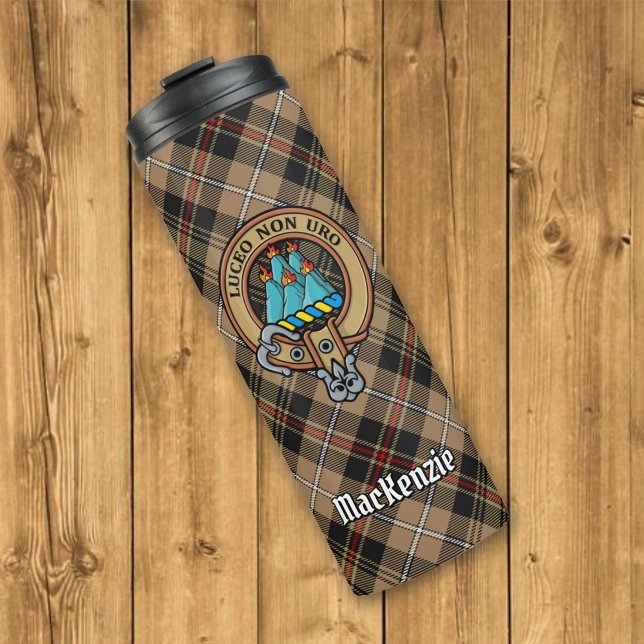 Clan MacKenzie Crest over Brown Hunting Tartan Thermal Tumbler (Creator Uploaded)