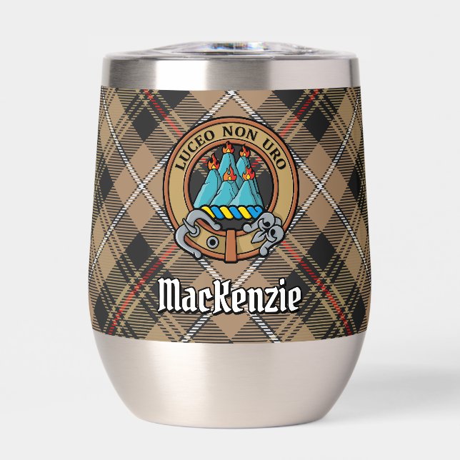 Clan MacKenzie Crest over Brown Hunting Tartan Thermal Wine Tumbler (Front)