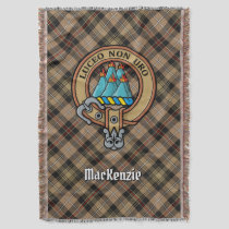 Clan MacKenzie Crest over Brown Hunting Tartan Throw Blanket