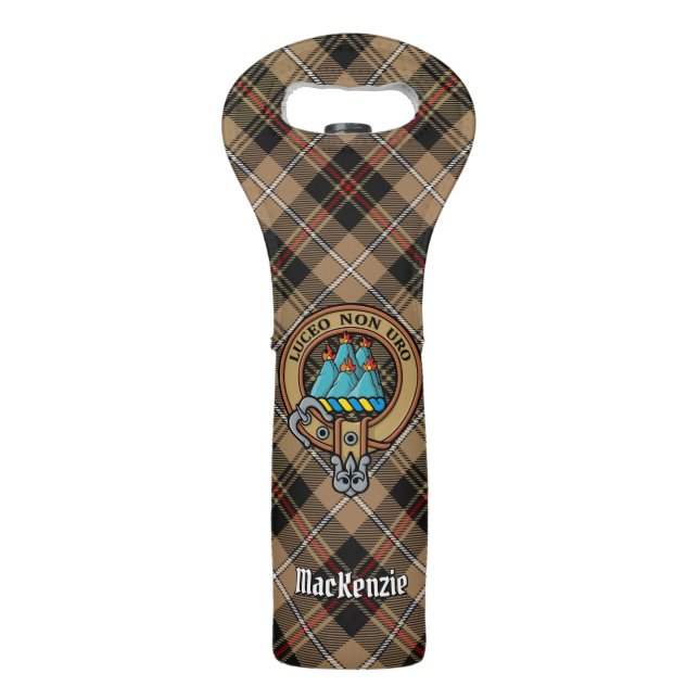 Clan MacKenzie Crest over Brown Hunting Tartan Wine Bag (Front)