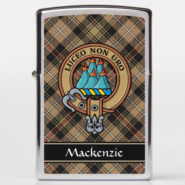 Clan MacKenzie Crest over Brown Hunting Tartan Zippo Lighter (Front)