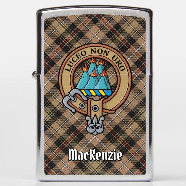Clan MacKenzie Crest over Brown Hunting Tartan Zippo Lighter (Front)