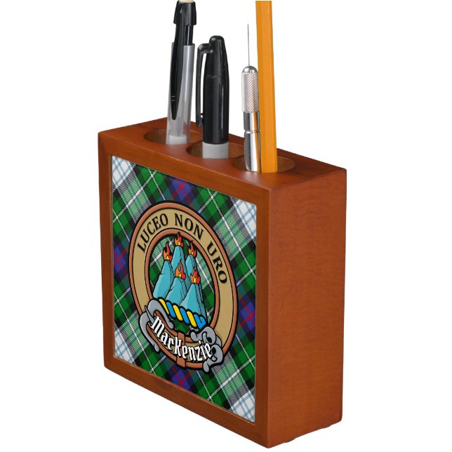 Clan MacKenzie Crest over Dress Tartan Desk Organizer (In Situ)