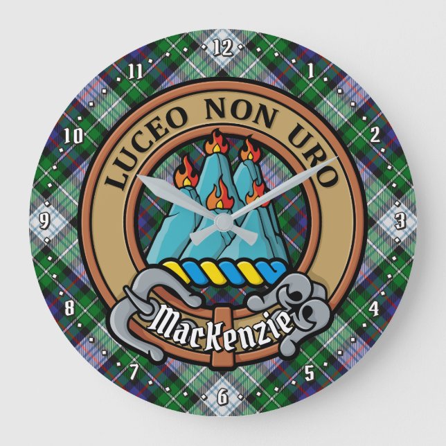 Clan MacKenzie Crest over Dress Tartan Large Clock (Front)