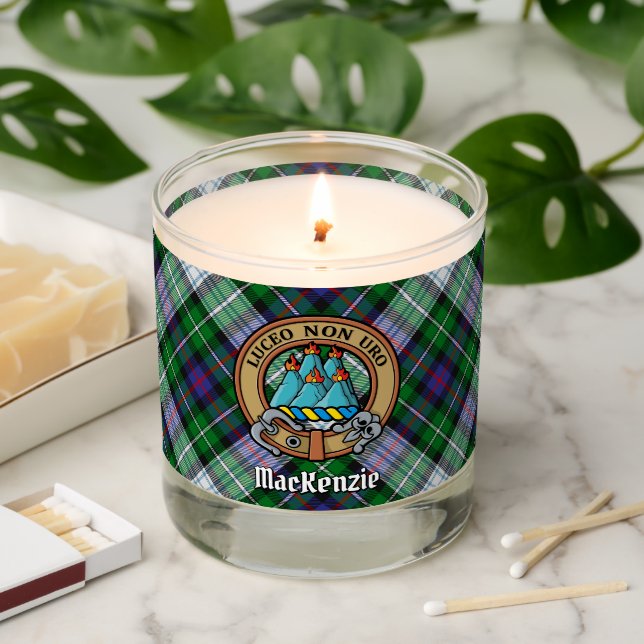 Clan MacKenzie Crest over Dress Tartan Scented Candle (Lit)