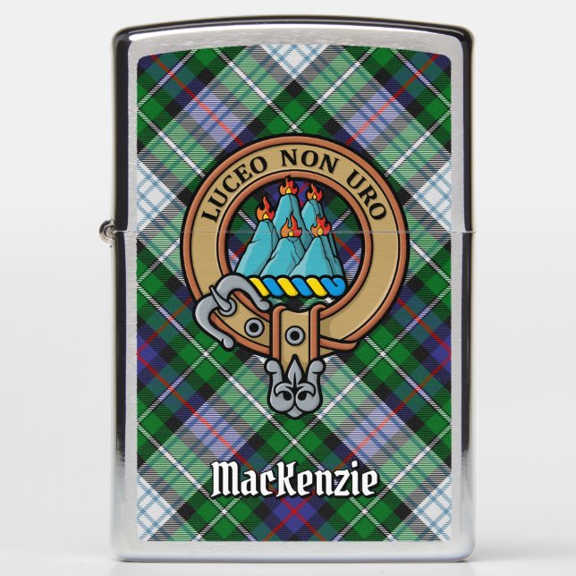 Clan MacKenzie Crest over Dress Tartan Zippo Lighter (Front)