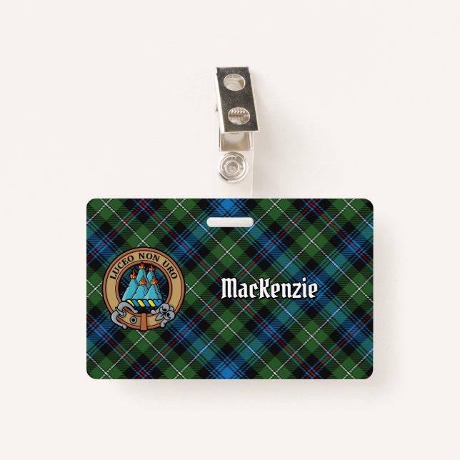 Clan MacKenzie Crest over Tartan Badge (Front with Clip)