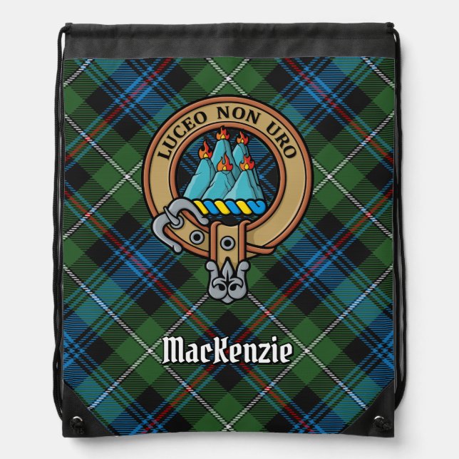 Clan MacKenzie Crest over Tartan Drawstring Bag (Front)